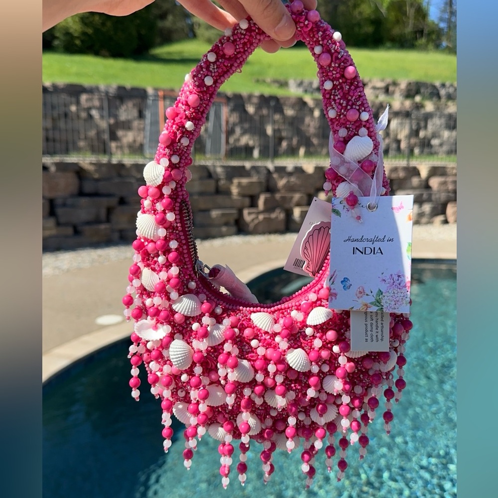 Pink Beaded Shell Handbag Handcrafted in India NWT